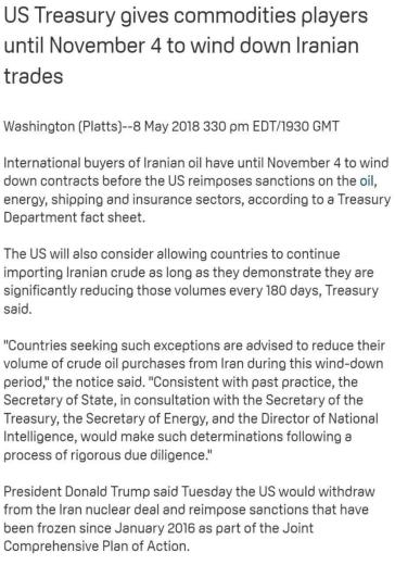 تحریمها:.. مشتریان‌نفت ایران تا ۴ نوامبر فرصت دارند تا به قراردادهای خرید خود خاتمه دهند